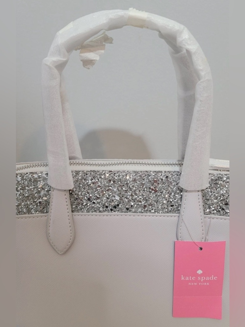 Kate Spade Flash Glitter Satchel Crossbody Bag Light Gray Silver NWT - Picture 9 of 16